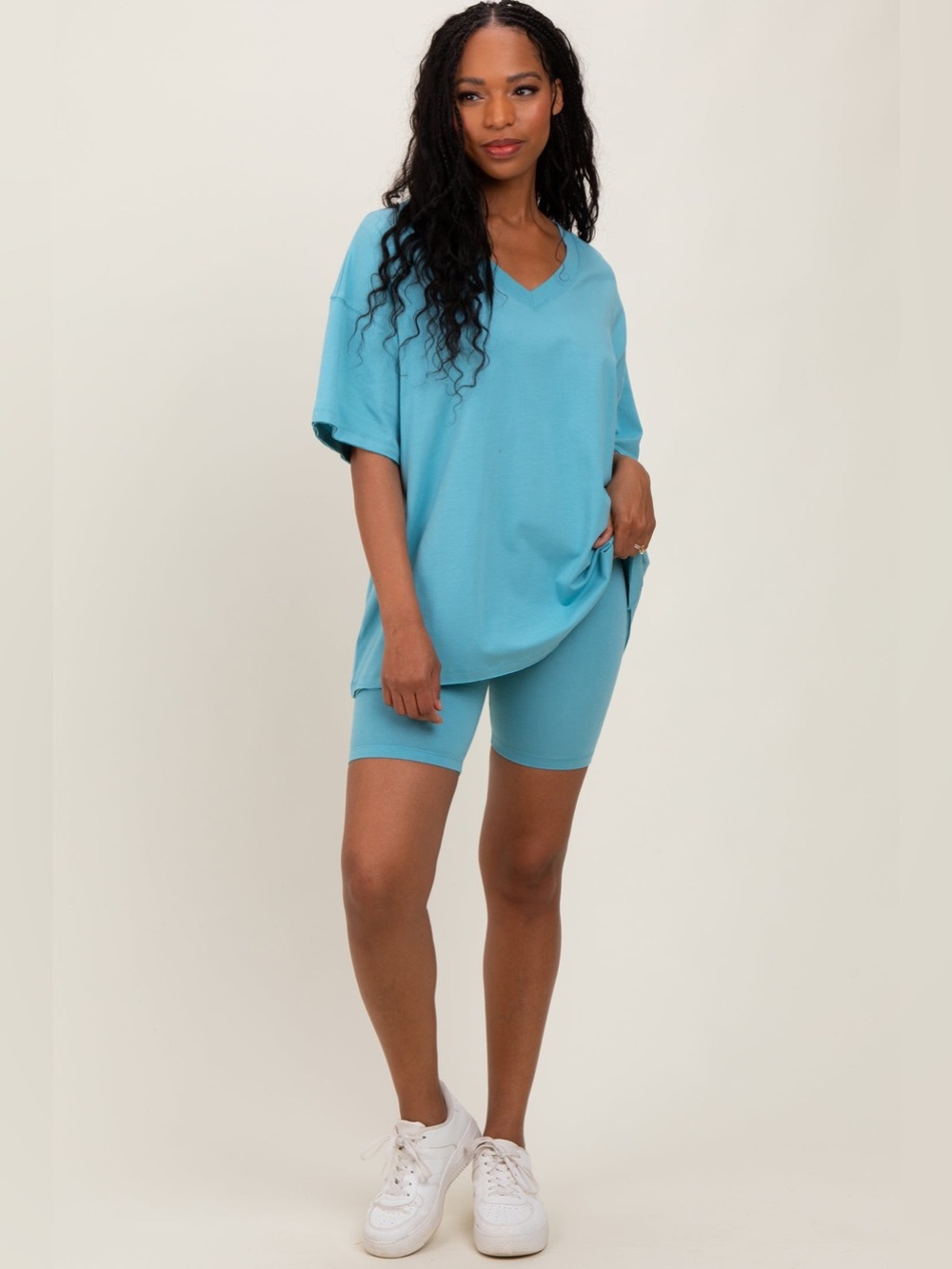 Zenana Light Blue Oversized cotton V-Neck Biker Short Set